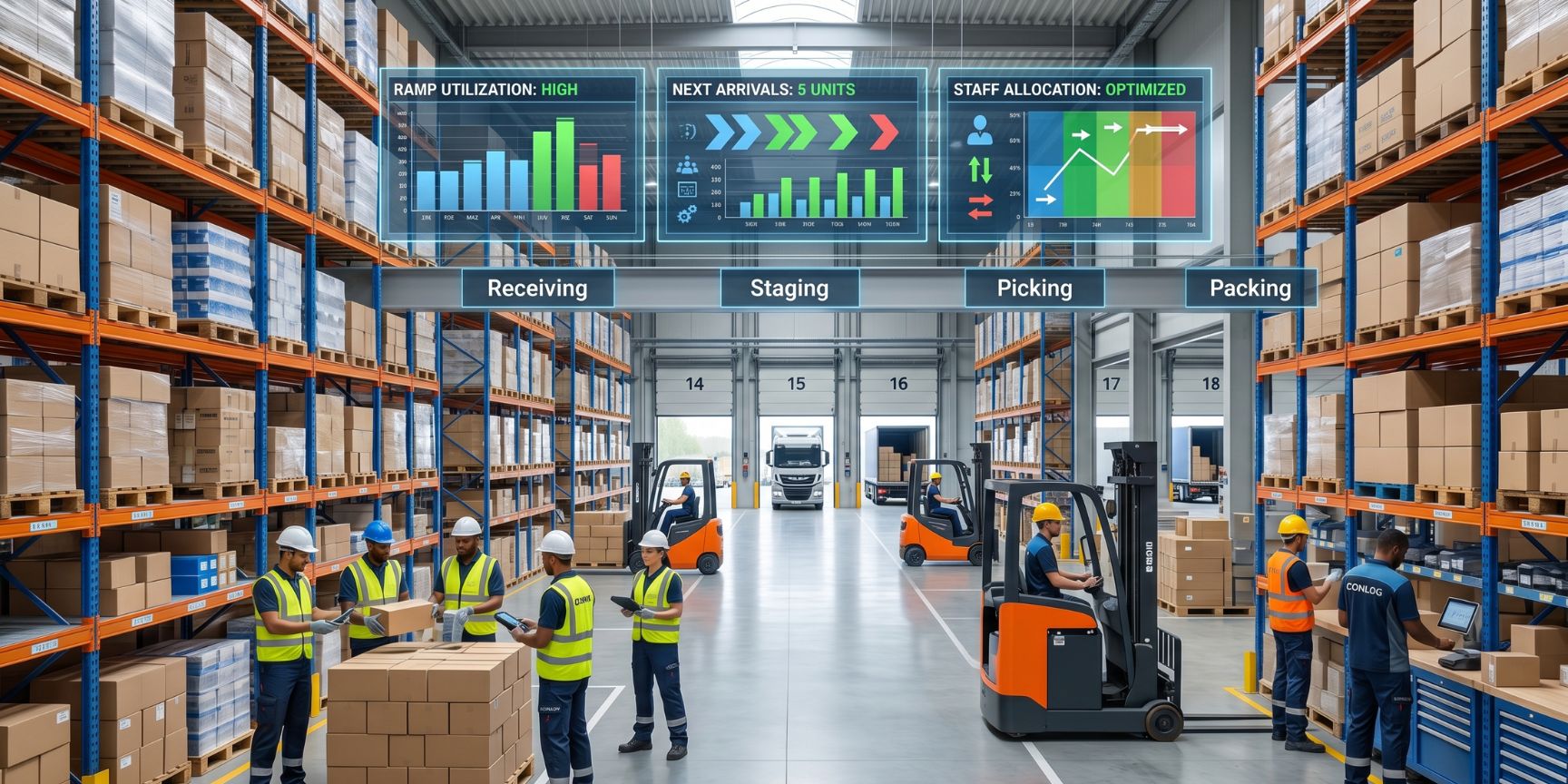 Logistics manager controls personnel and picking based on real-time time slot data in the contract logistics hall.